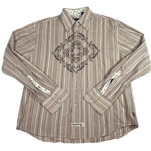 English Laundry Shirt Size XXL Beige Brown Stripes Flip Cuffs Embroidery Button